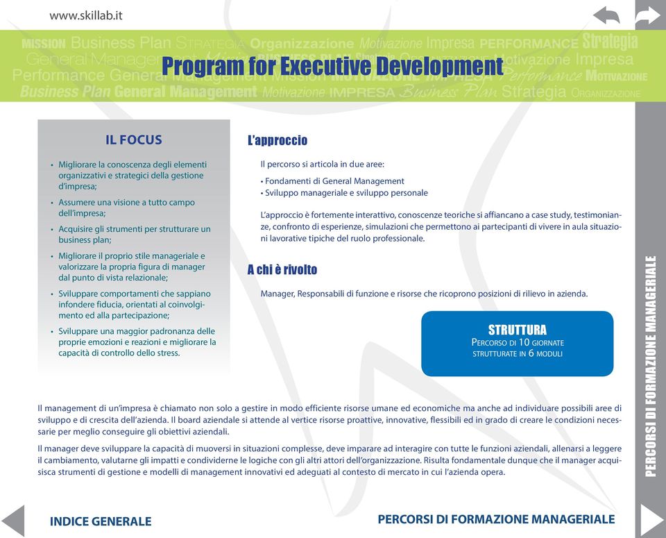 Development Performance General Management Mission MOTIVAZIONE Impresa Performance Motivazione Business Plan General Management Motivazione IMPRESA Business Plan Strategia Organizzazione IL FOCUS L