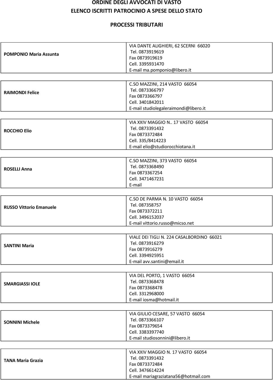 it ROSELLI Anna C.SO MAZZINI, 373 VASTO 66054 Tel. 0873368490 Fax 0873367254 Cell. 3471467231 RUSSO Vittorio Emanuele C.SO DE PARMA N. 10 VASTO 66054 Tel. 087358757 Fax 0873372211 Cell.