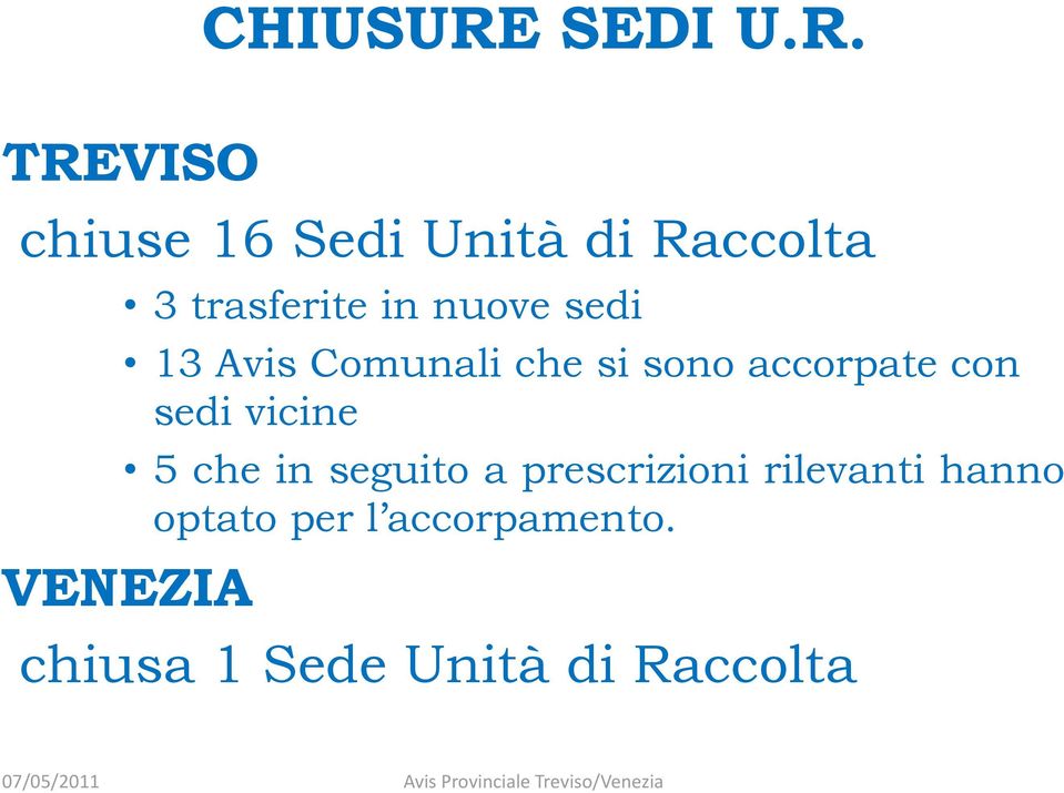 TREVISO chiuse 16 Sedi Unità di Raccolta 3 trasferite in nuove