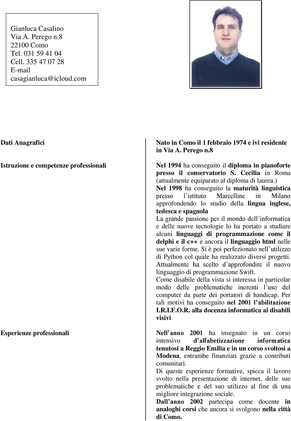 8 Nel 1994 ha conseguito il diploma in pianoforte presso il conservatorio S. Cecilia in Roma (attualmente equiparato al diploma di laurea.