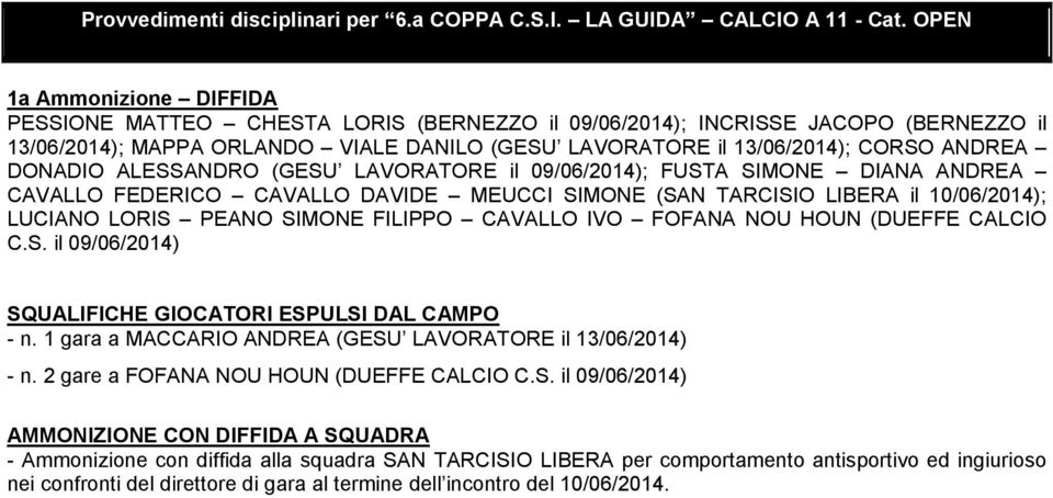 DONADIO ALESSANDRO (GESU LAVORATORE il 09/06/2014); FUSTA SIMONE DIANA ANDREA CAVALLO FEDERICO CAVALLO DAVIDE MEUCCI SIMONE (SAN TARCISIO LIBERA il 10/06/2014); LUCIANO LORIS PEANO SIMONE FILIPPO