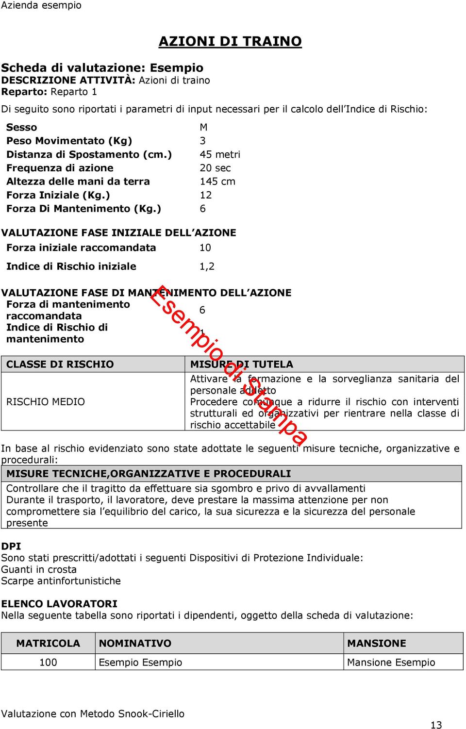 ) 6 VALUTAZIONE FASE INIZIALE DELL AZIONE Forza iniziale raccomandata 10 Indice di Rischio iniziale 1,2 VALUTAZIONE FASE DI MANTENIMENTO DELL AZIONE Forza di mantenimento raccomandata 6 Indice di