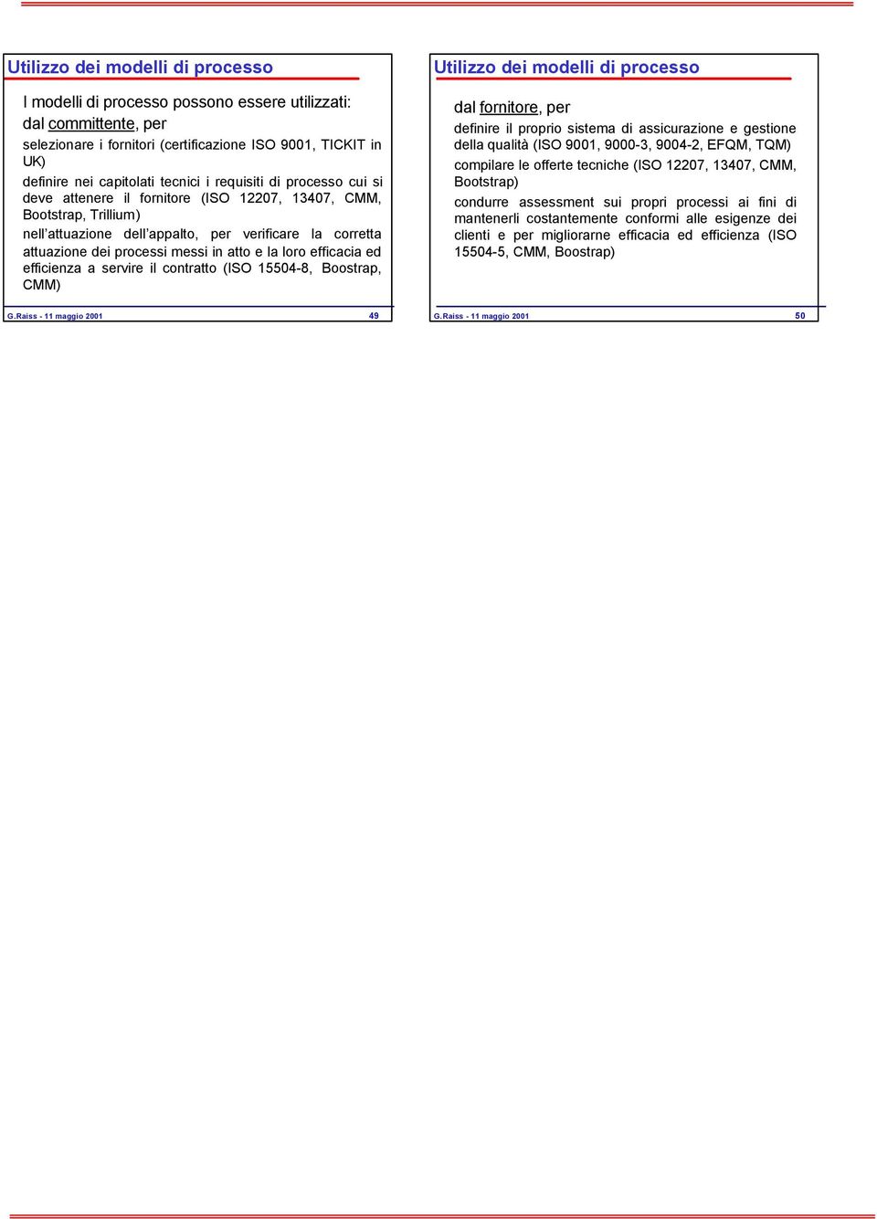 la loro efficacia ed efficienza a servire il contratto (ISO 15504-8, Boostrap, CMM) Utilizzo dei modelli di processo dal fornitore, per definire il proprio sistema di assicurazione e gestione della