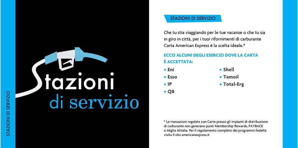 * ECCO ALCUNI DEGLI ESERCIZI DOVE LA CARTA È ACCETTATA: Eni Esso IP Q8 Shell Tamoil Total-Erg * Le transazioni regolate con Carte presso