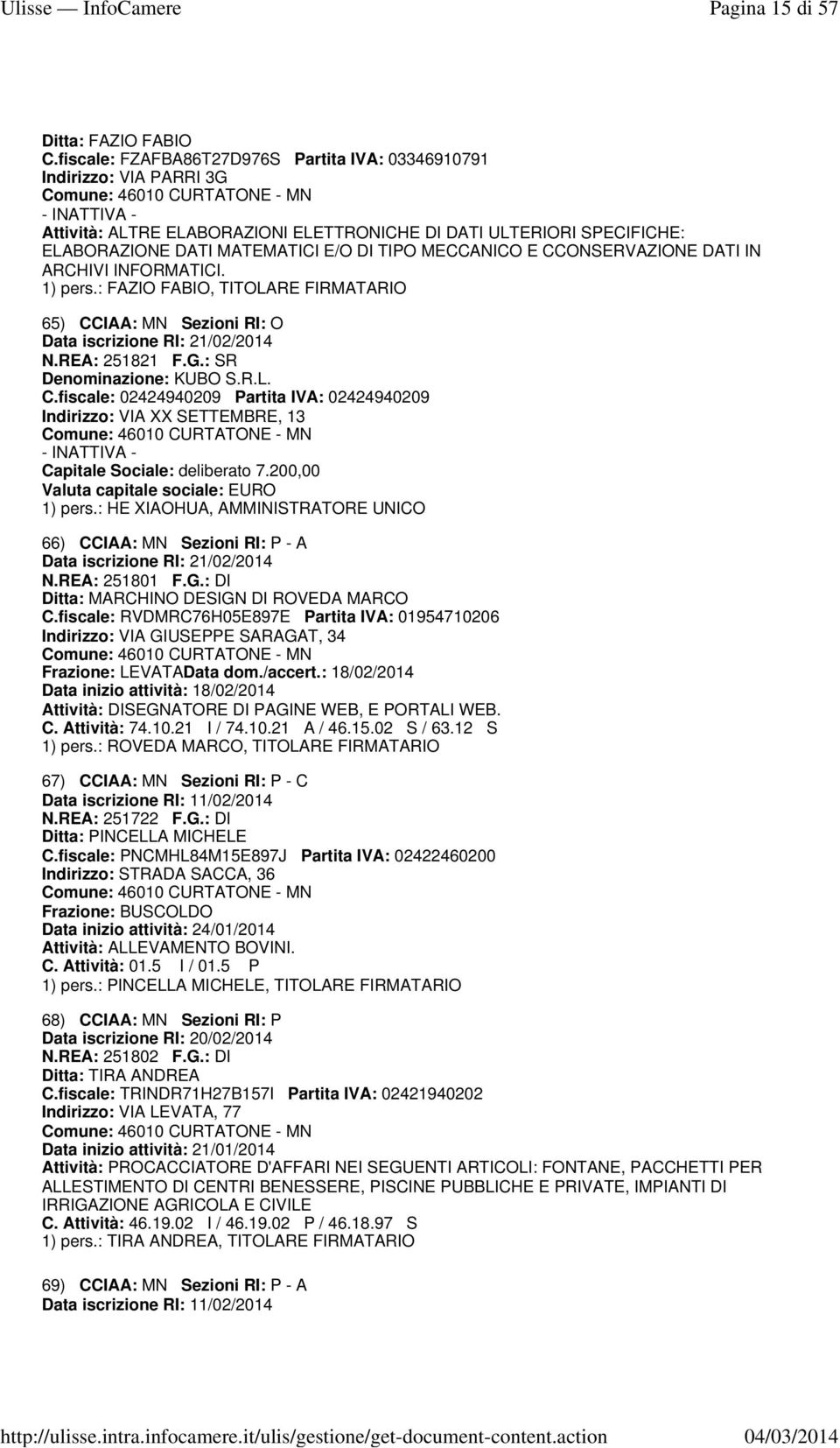 MATEMATICI E/O DI TIPO MECCANICO E CCONSERVAZIONE DATI IN ARCHIVI INFORMATICI. 1) pers.: FAZIO FABIO, TITOLARE FIRMATARIO 65) CCIAA: MN Sezioni RI: O Data iscrizione RI: 21/02/2014 N.REA: 251821 F.G.