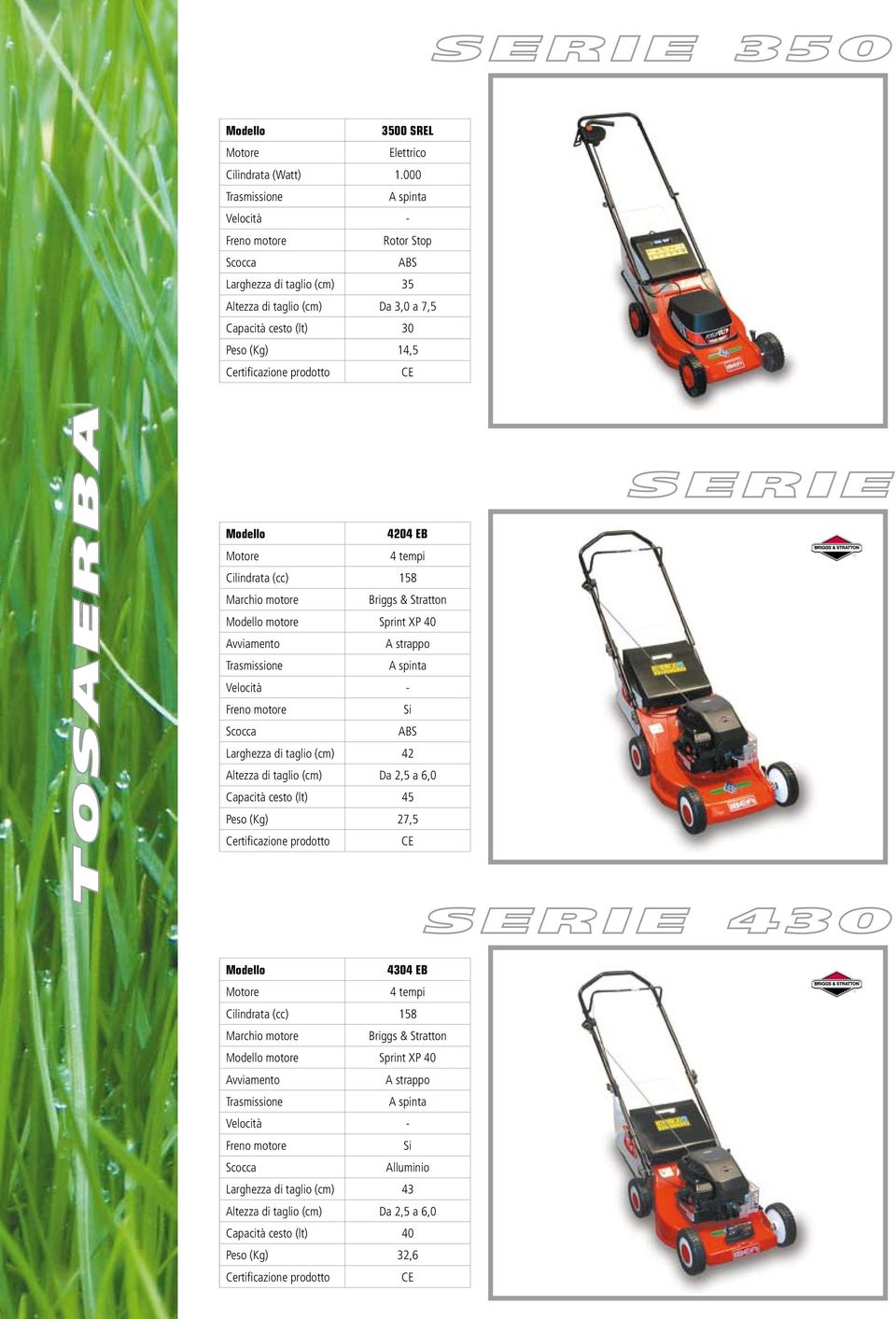 14,5 TOSAERBA 4204 EB Cilindrata (cc) 158 motore Sprint XP 40 A spinta - ABS Larghezza di taglio (cm) 42 Altezza di taglio