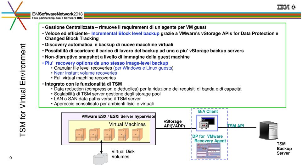 Non-disruptive snapshot a livello di immagine della guest machine Piu recovery options da uno stesso image-level backup Granular file level recoveries (per Windows e Linux guests) Near instant volume