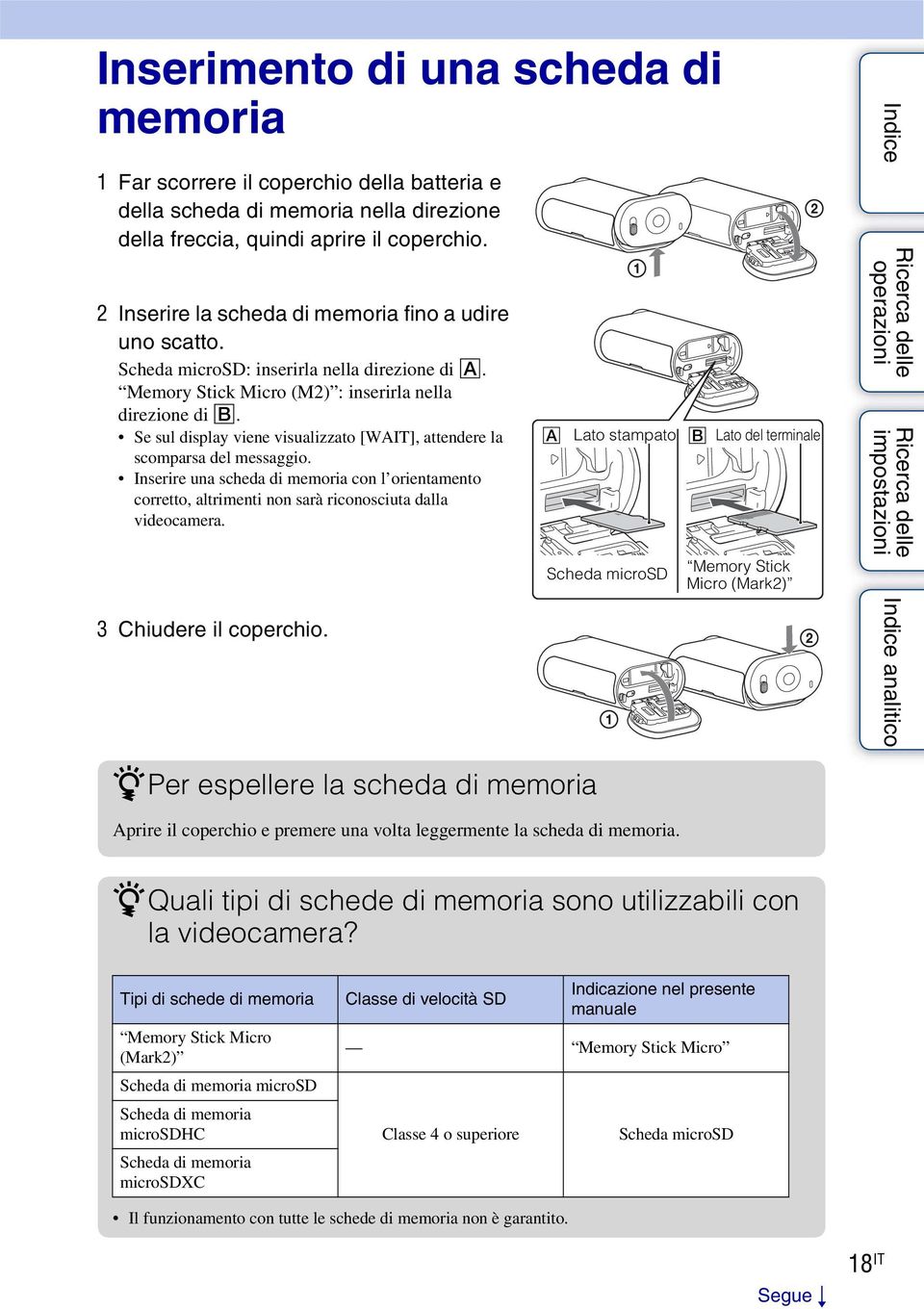 Se sul display viene visualizzato [WAIT], attendere la scomparsa del messaggio. Inserire una scheda di memoria con l orientamento corretto, altrimenti non sarà riconosciuta dalla videocamera.