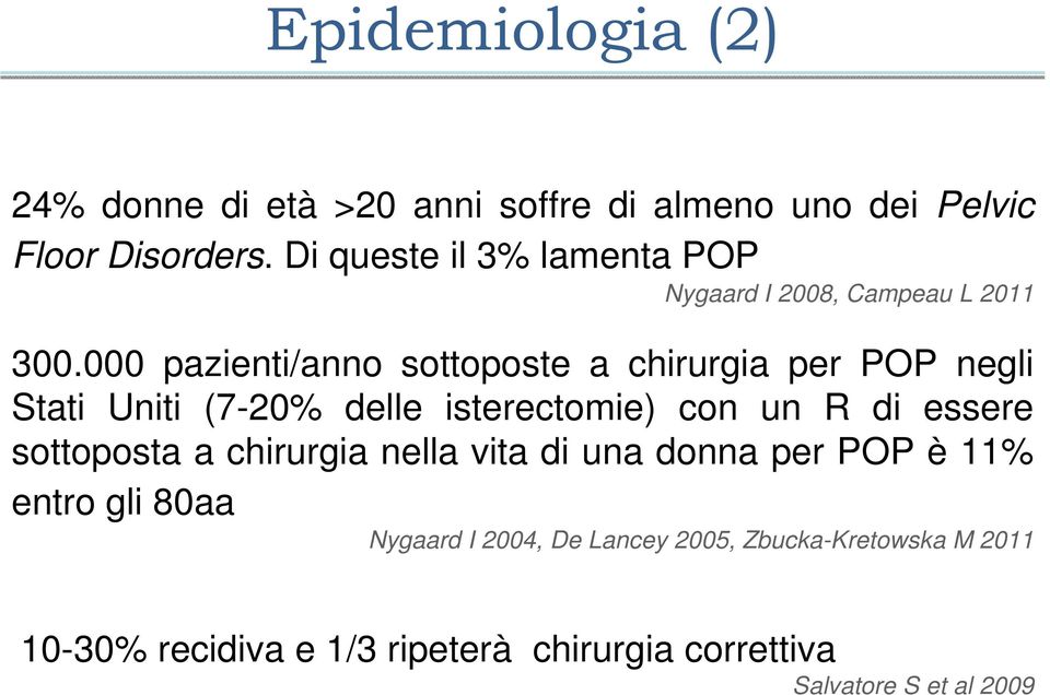 000 pazienti/anno sottoposte a chirurgia per POP negli Stati Uniti (7-20% delle isterectomie) con un R di essere