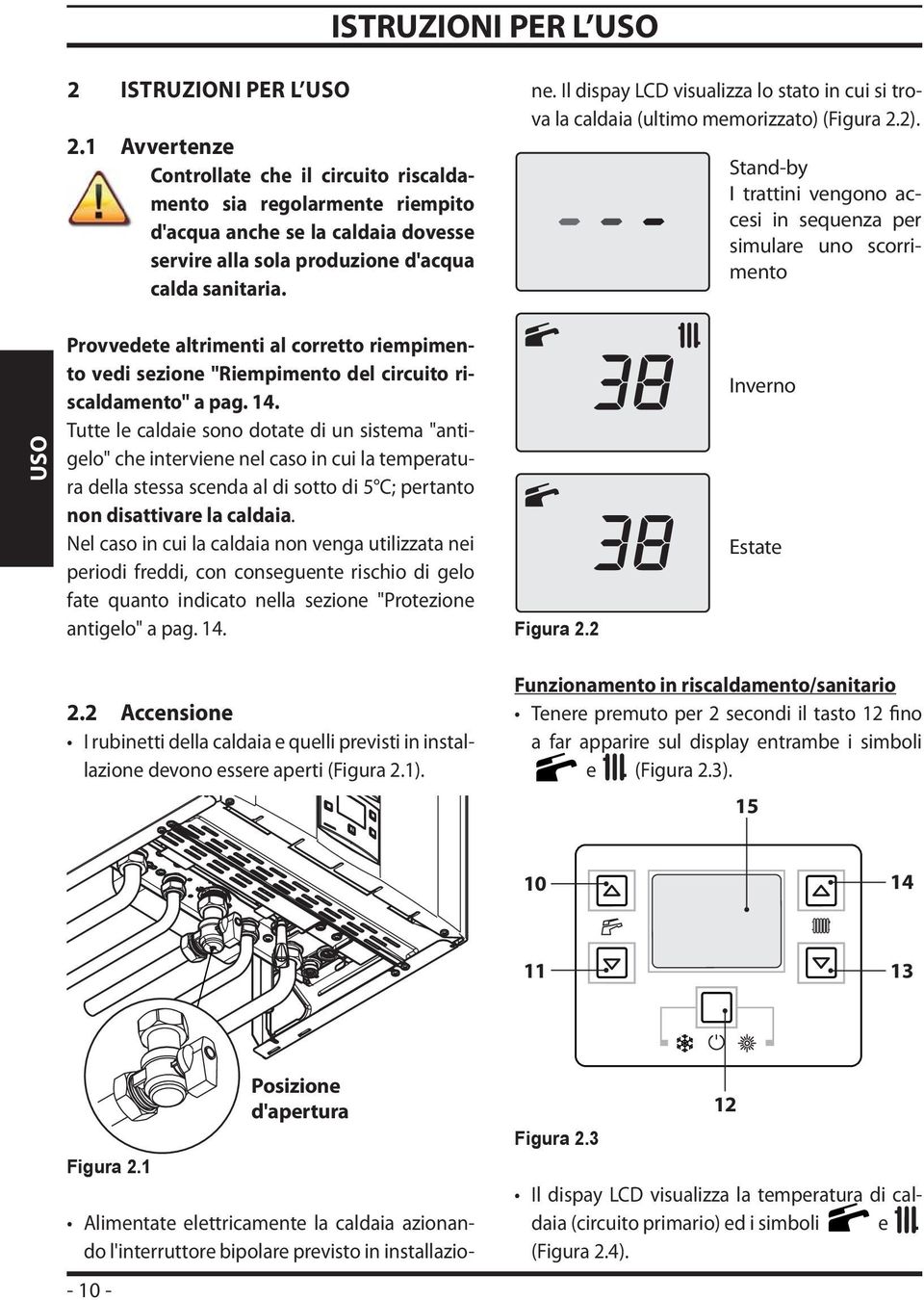 Alimentate elettricamente la caldaia azionando l'interruttore bipolare previsto in installazione. Il dispay LCD visualizza lo stato in cui si trova la caldaia (ultimo memorizzato) (Figura 2.2).