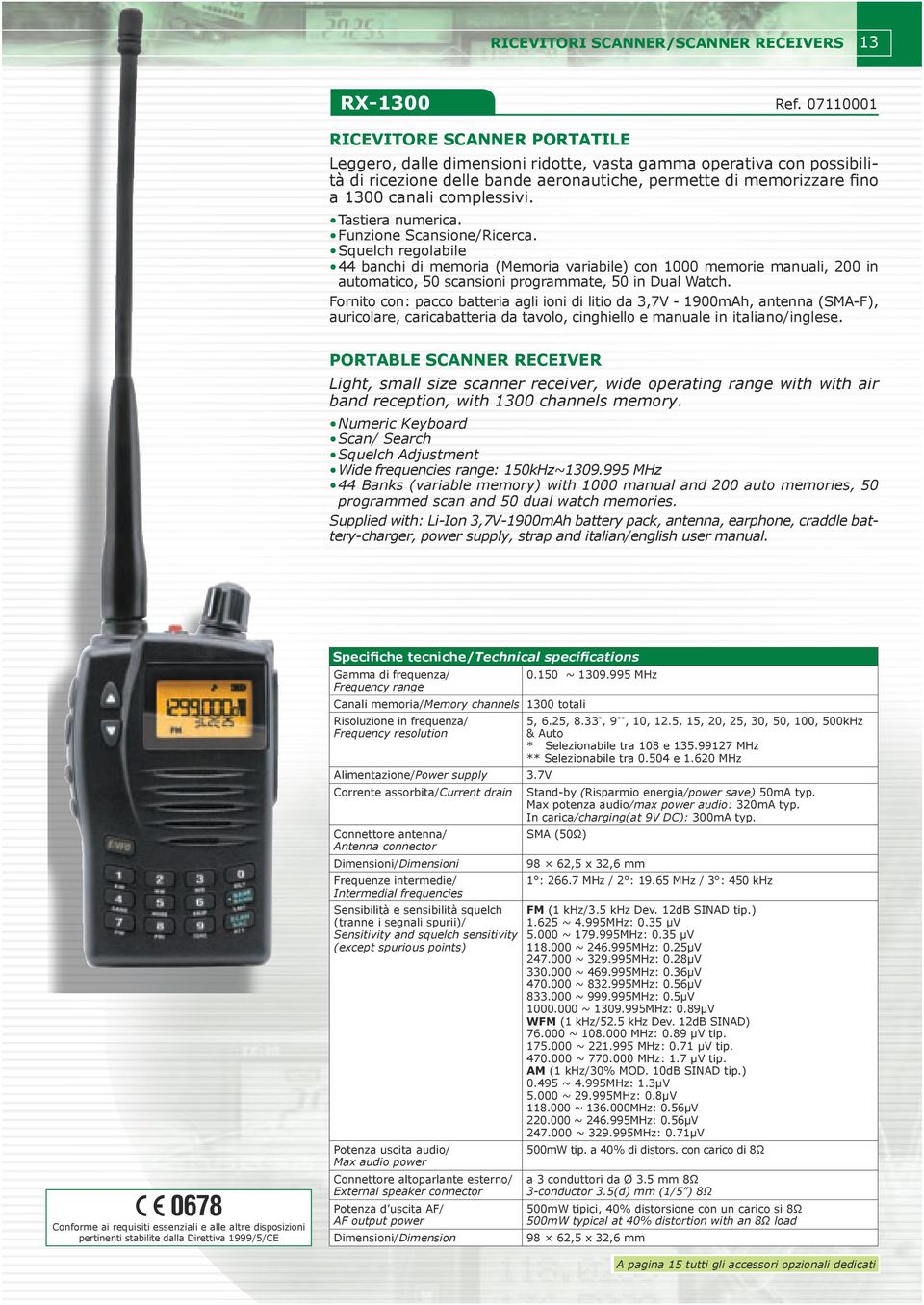 Fornito con: pacco batteria agli ioni di litio da 3,7V 1900mAh, antenna (SMAF), auricolare, caricabatteria da tavolo, cinghiello e manuale in italiano/inglese.