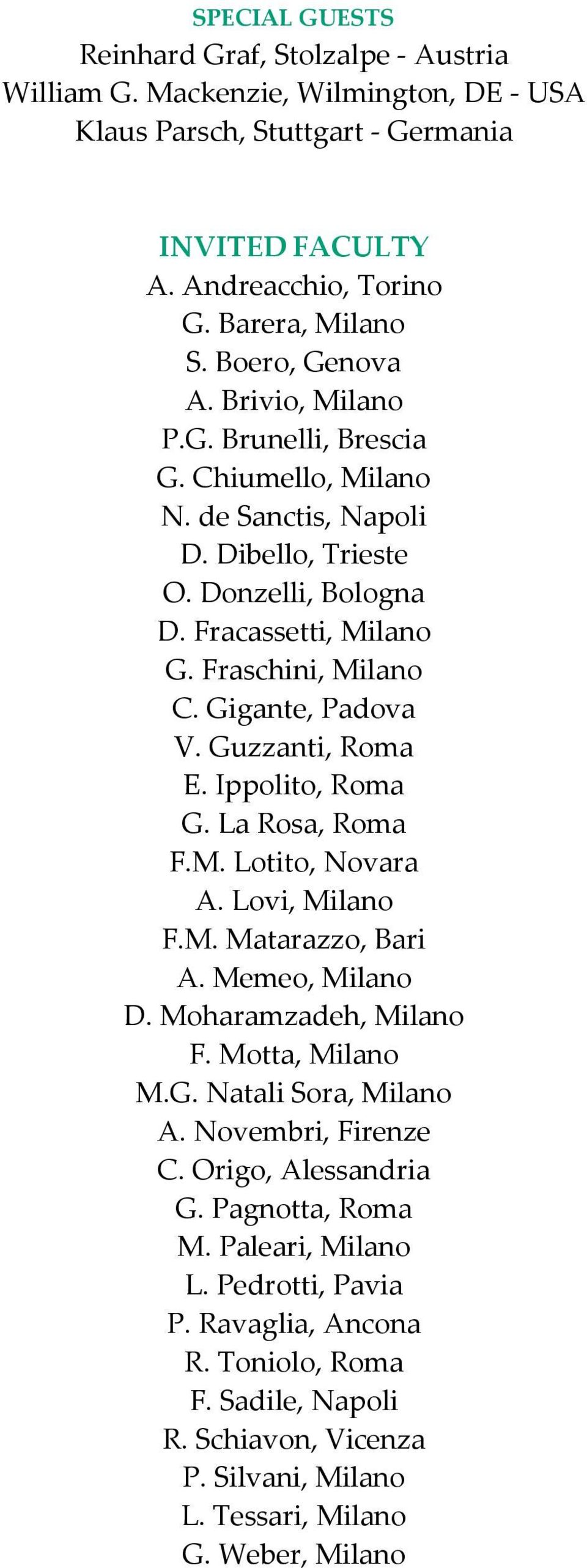 Gigante, Padova V. Guzzanti, Roma E. Ippolito, Roma G. La Rosa, Roma F.M. Lotito, Novara A. Lovi, Milano F.M. Matarazzo, Bari A. Memeo, Milano D. Moharamzadeh, Milano F. Motta, Milano M.G. Natali Sora, Milano A.