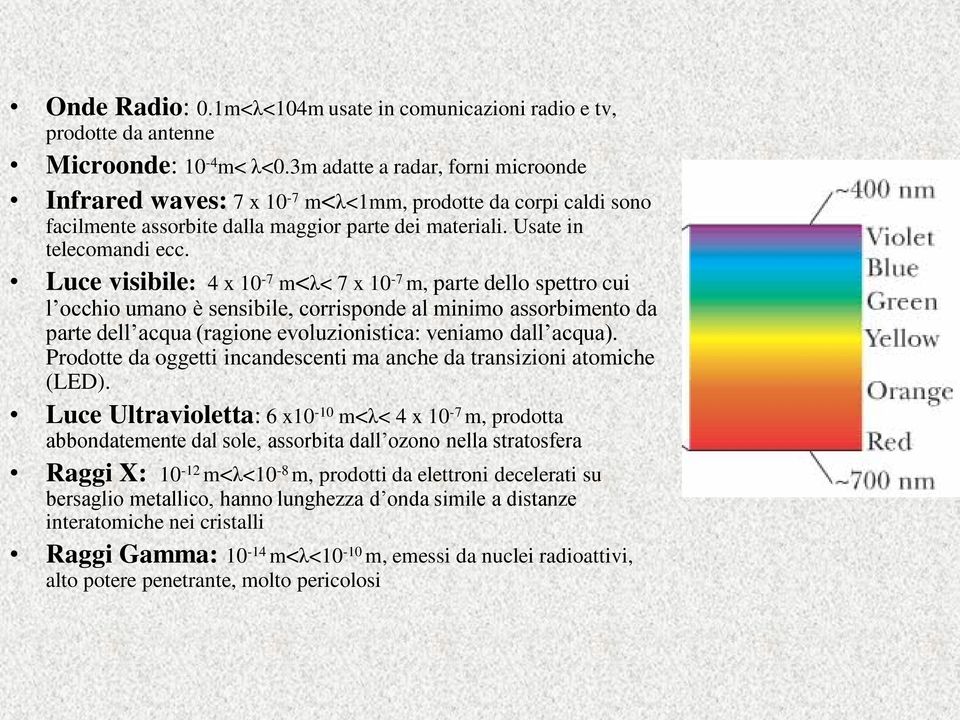 Luce visibile: 4 x 10-7 m<λ< 7 x 10-7 m, parte dello spettro cui l occhio umano è sensibile, corrisponde al minimo assorbimento da parte dell acqua (ragione evoluzionistica: veniamo dall acqua).