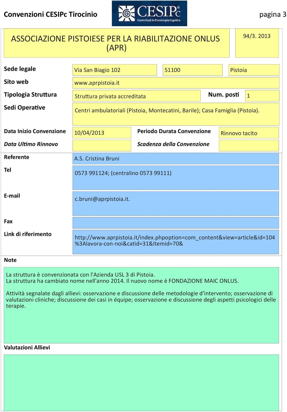 bruni@aprpistoia.it. http://www.aprpistoia.it/index.phpoption=com_content&view=article&id=104 %3Alavora-con-noi&catid=31&Itemid=70& La struttura è convenzionata con l'azienda USL 3 di Pistoia.