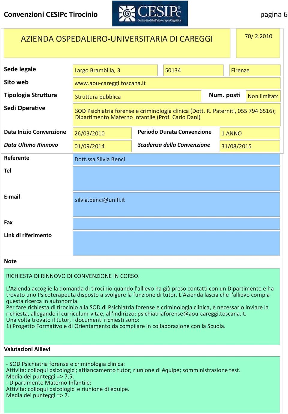 Paterniti, 055 794 6516); Dipartimento Materno Infantile (Prof. Carlo Dani) Dott.ssa Silvia Benci silvia.benci@unifi.it RICHIESTA DI RINNOVO DI CONVENZIONE IN CORSO.