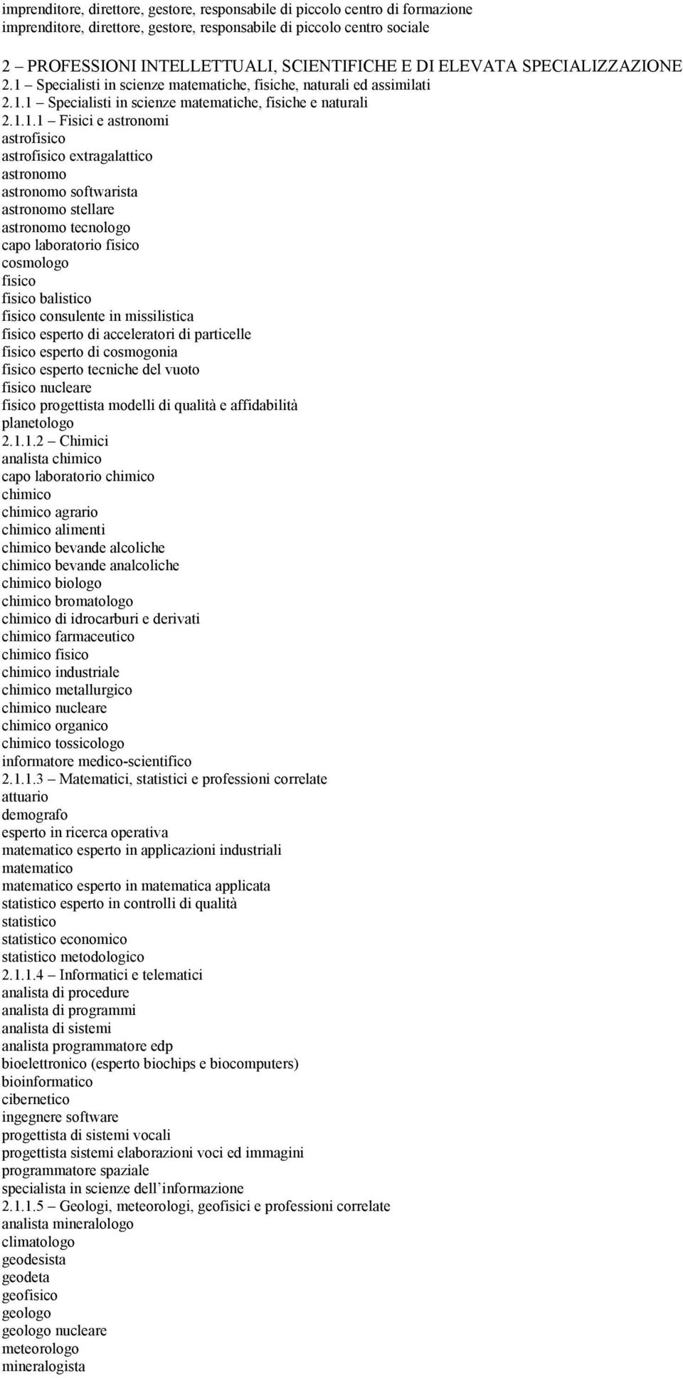 Specialisti in scienze matematiche, fisiche, naturali ed assimilati 2.1.