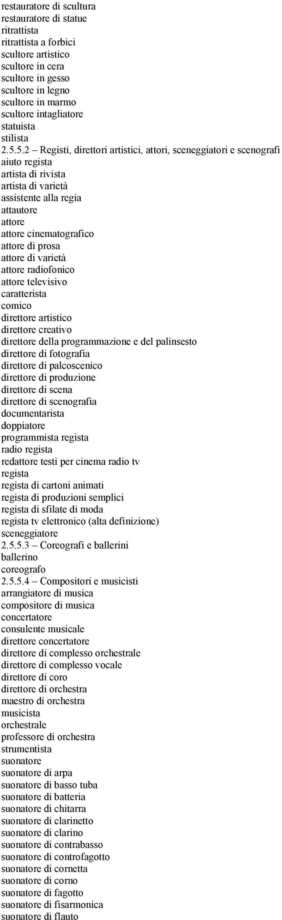 5.2 Registi, direttori artistici, attori, sceneggiatori e scenografi aiuto regista artista di rivista artista di varietà assistente alla regia attautore attore attore cinematografico attore di prosa