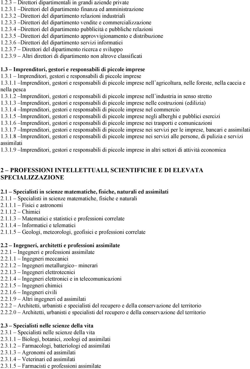 2.3.9 Altri direttori di dipartimento non altrove classificati 1.3 Imprenditori, gestori e responsabili di piccole imprese 1.3.1 Imprenditori, gestori e responsabili di piccole imprese 1.3.1.1 Imprenditori, gestori e responsabili di piccole imprese nell agricoltura, nelle foreste, nella caccia e nella pesca 1.