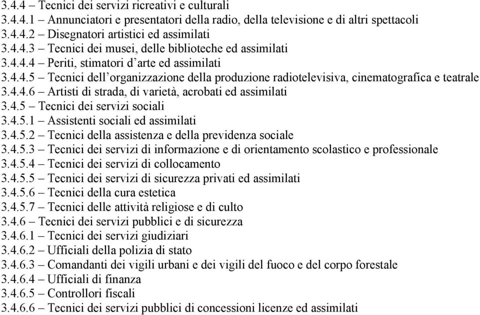 4.5 Tecnici dei servizi sociali 3.4.5.1 Assistenti sociali ed assimilati 3.4.5.2 Tecnici della assistenza e della previdenza sociale 3.4.5.3 Tecnici dei servizi di informazione e di orientamento scolastico e professionale 3.