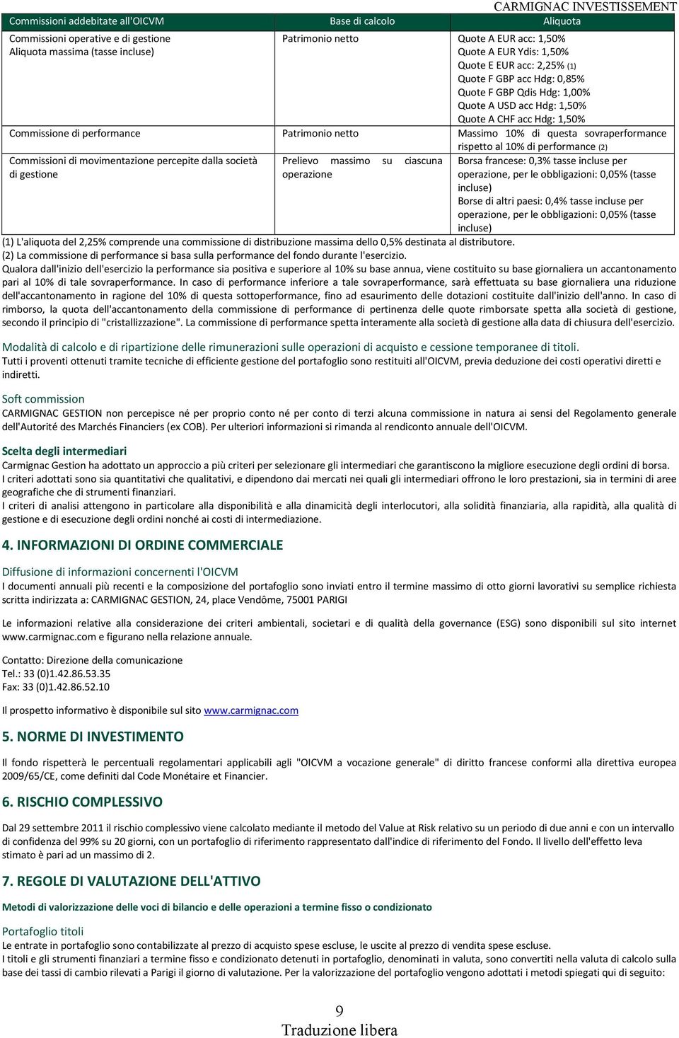 sovraperformance rispetto al 10% di performance (2) Commissioni di movimentazione percepite dalla società di gestione Prelievo massimo su ciascuna operazione Borsa francese: 0,3% tasse incluse per