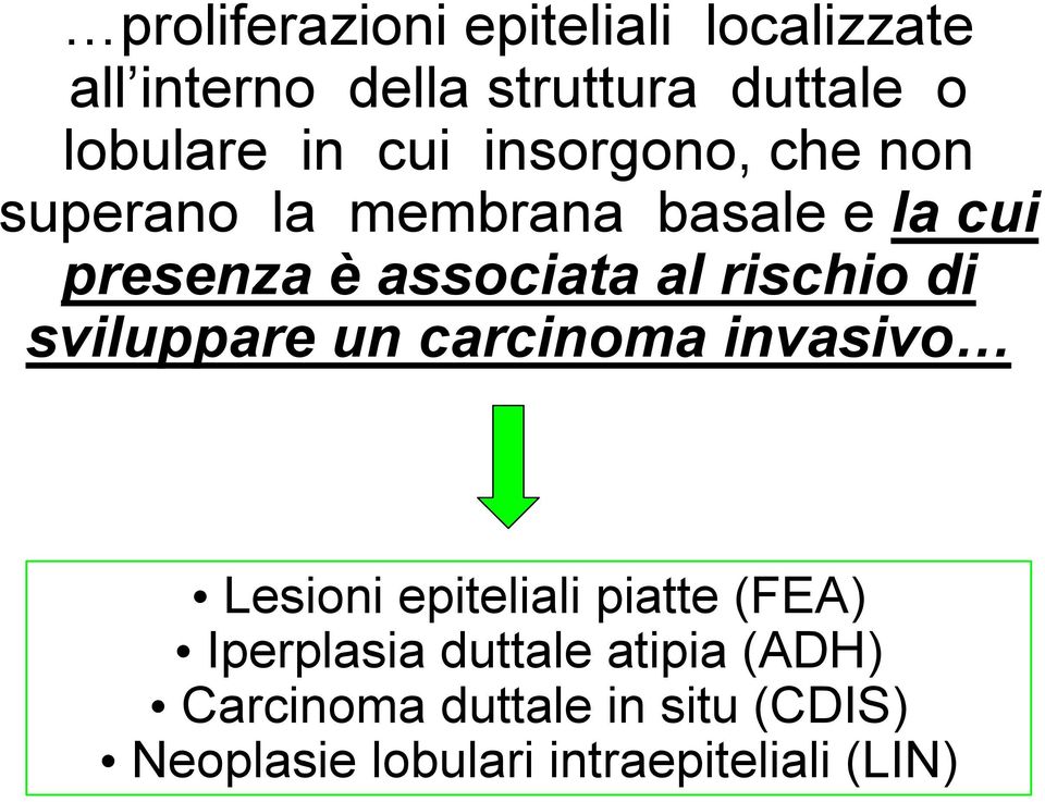 rischio di sviluppare un carcinoma invasivo Lesioni epiteliali piatte (FEA) Iperplasia