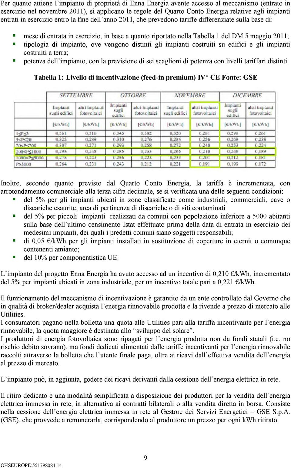 2011; tipologia di impianto, ove vengono distinti gli impianti costruiti su edifici e gli impianti costruiti a terra; potenza dell impianto, con la previsione di sei scaglioni di potenza con livelli