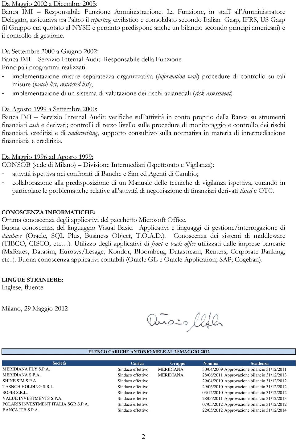 predispone anche un bilancio secondo principi americani) e il controllo di gestione. Da Settembre 2000 a Giugno 2002: Banca IMI Servizio Internal Audit. Responsabile della Funzione.