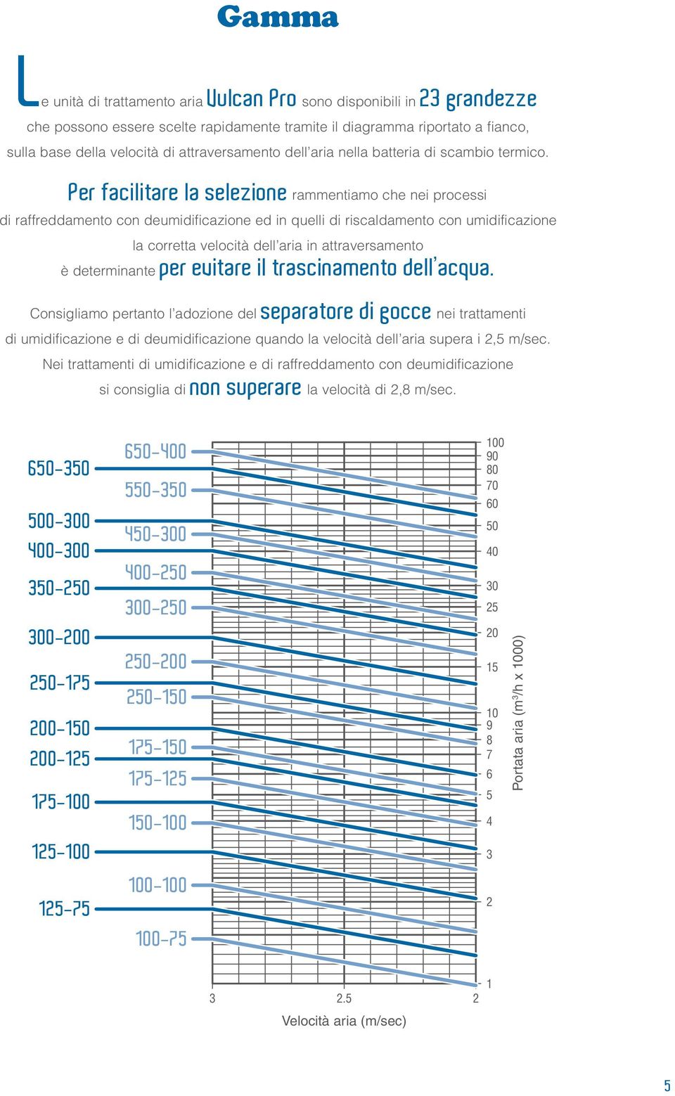 Per facilitare la selezione rammentiamo che nei processi di raffreddamento con deumidificazione ed in quelli di riscaldamento con umidificazione la corretta velocità dell aria in attraversamento è