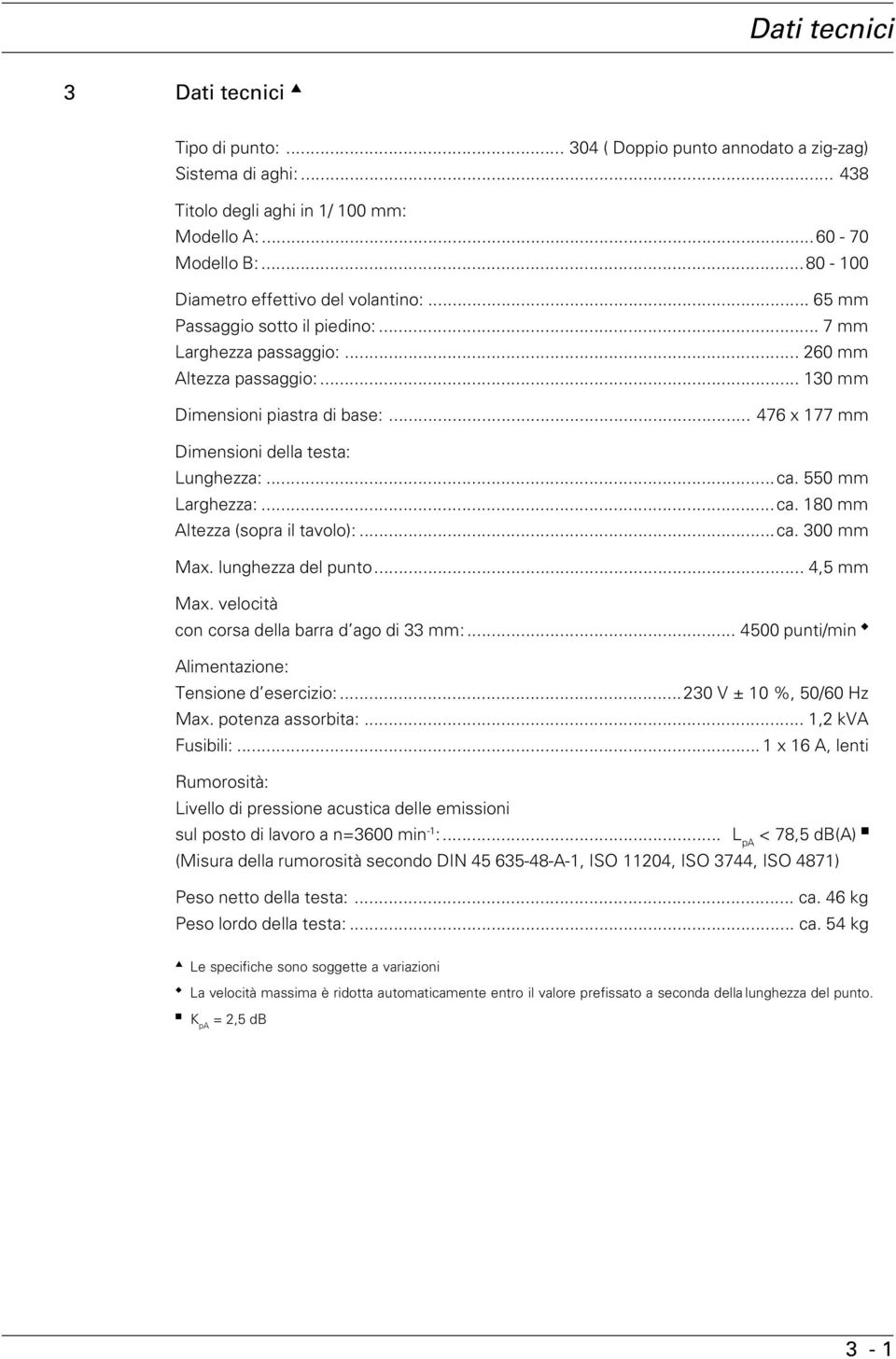 .. 476 x 77 mm Dimensioni della testa: Lunghezza:...ca. 550 mm Larghezza:...ca. 80 mm Altezza (sopra il tavolo):...ca. 300 mm Max. lunghezza del punto... 4,5 mm Max.