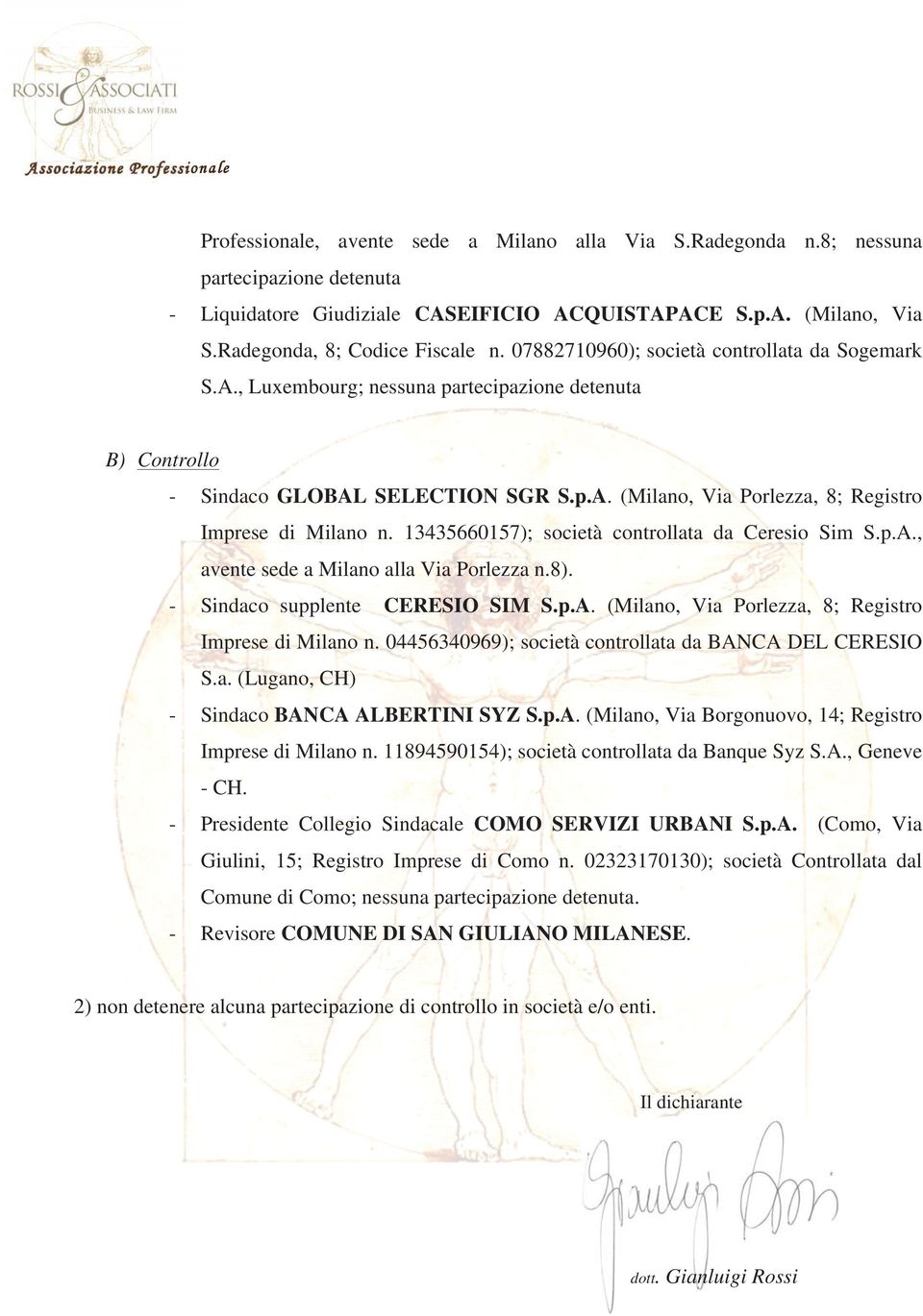 13435660157); società controllata da Ceresio Sim S.p.A., avente sede a Milano alla Via Porlezza n.8). - Sindaco supplente CERESIO SIM S.p.A. (Milano, Via Porlezza, 8; Registro Imprese di Milano n.