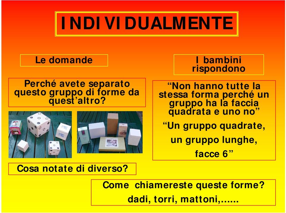 I bambini rispondono Non hanno tutte la stessa forma perché un gruppo ha la