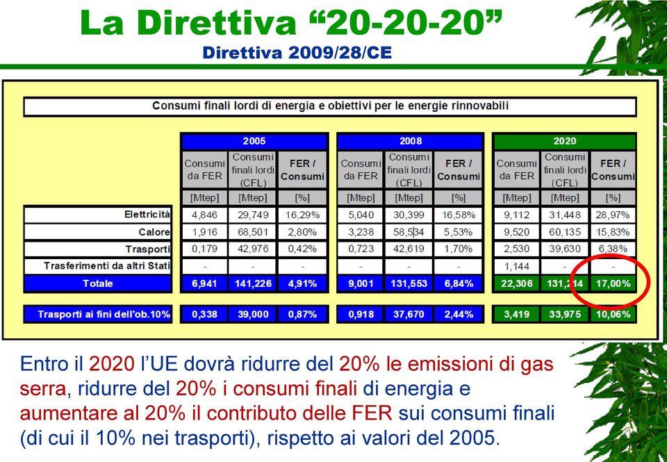 finali di energia e aumentare al 20% il contributo delle FER sui