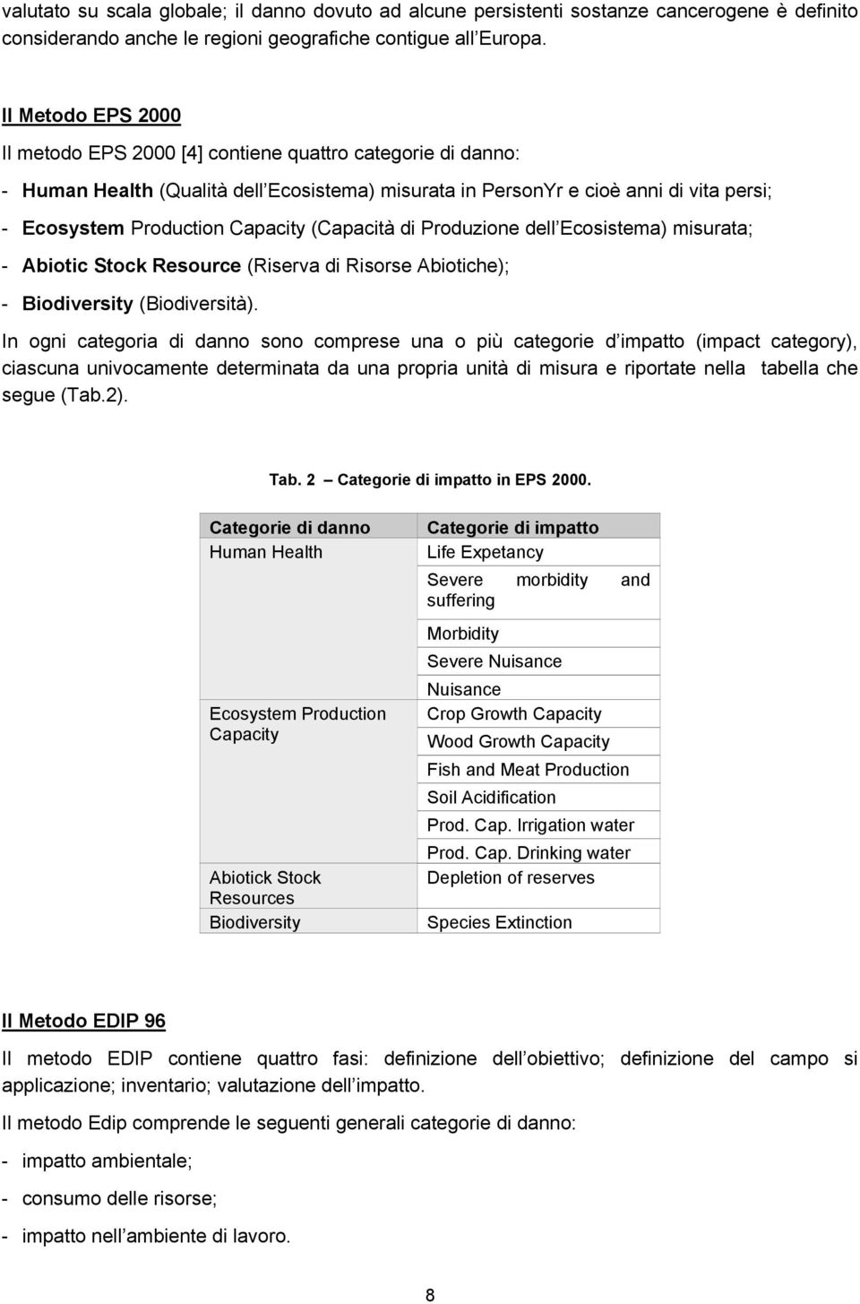 (Capacità di Produzione dell Ecosistema) misurata; - Abiotic Stock Resource (Riserva di Risorse Abiotiche); - Biodiversity (Biodiversità).