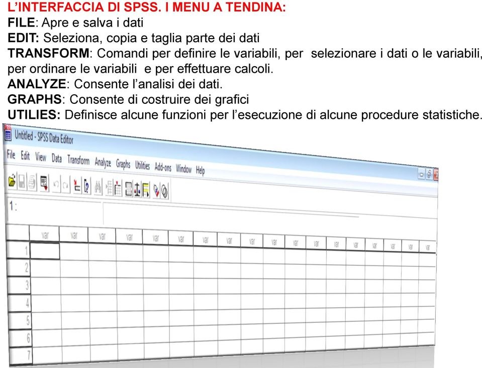 Comandi per definire le variabili, per selezionare i dati o le variabili, per ordinare le variabili e