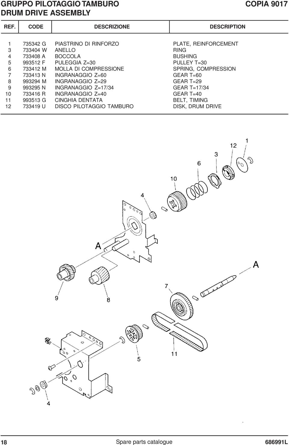 INGRANAGGIO Z=29 INGRANAGGIO Z=17/34 INGRANAGGIO Z=40 CINGHIA DENTATA DISCO PILOTAGGIO TAMBURO PLATE, REINFORCEMENT RING BUSHING