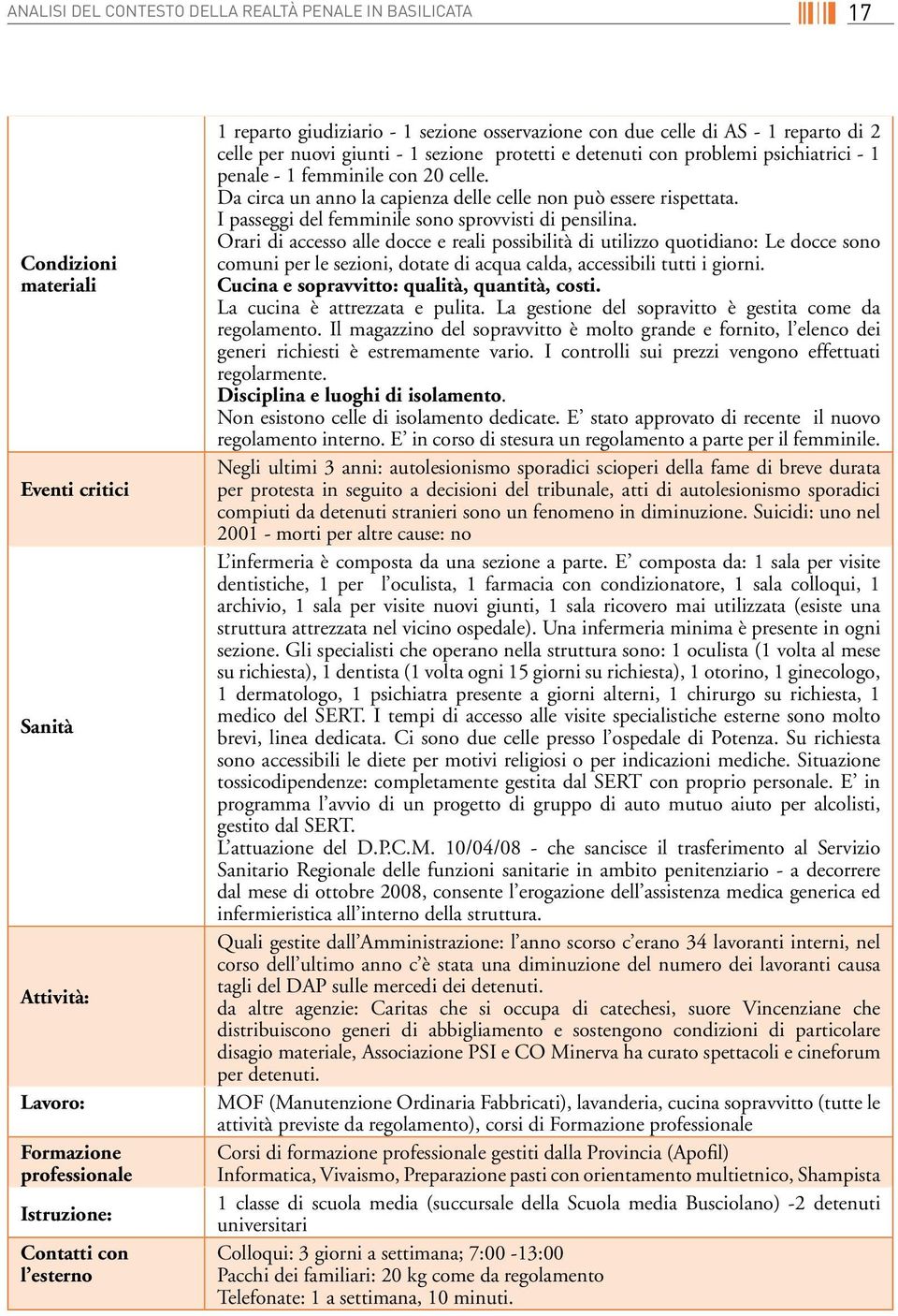 Da circa un anno la capienza delle celle non può essere rispettata. I passeggi del femminile sono sprovvisti di pensilina.