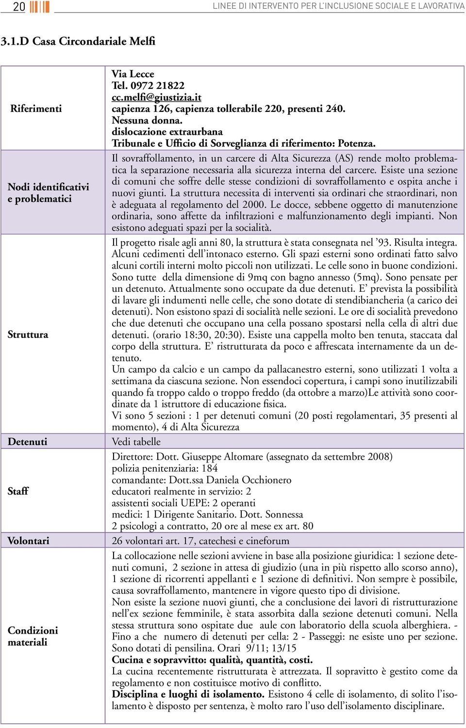 it capienza 126, capienza tollerabile 220, presenti 240. Nessuna donna. dislocazione extraurbana Tribunale e Ufficio di Sorveglianza di riferimento: Potenza.