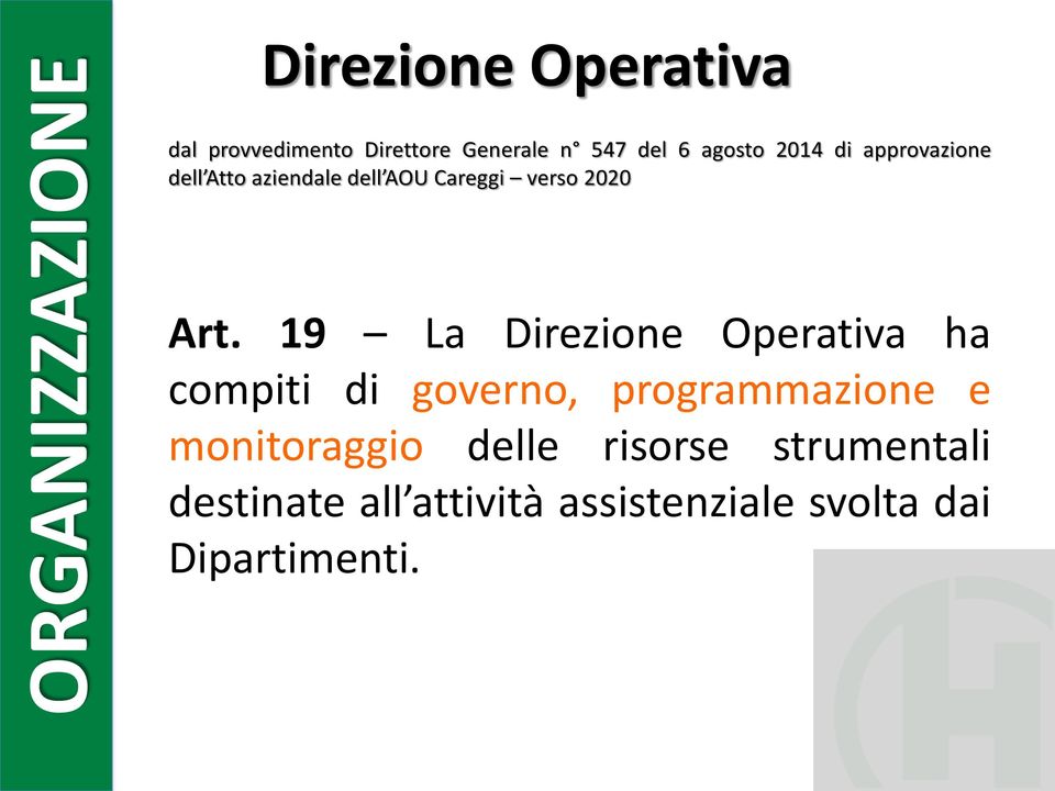19 La Direzione Operativa ha compiti di governo, programmazione e monitoraggio