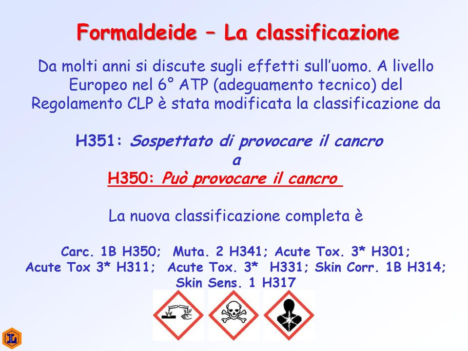 classificazione da H351: Sospettato di provocare il cancro a H350: Può provocare il cancro La nuova