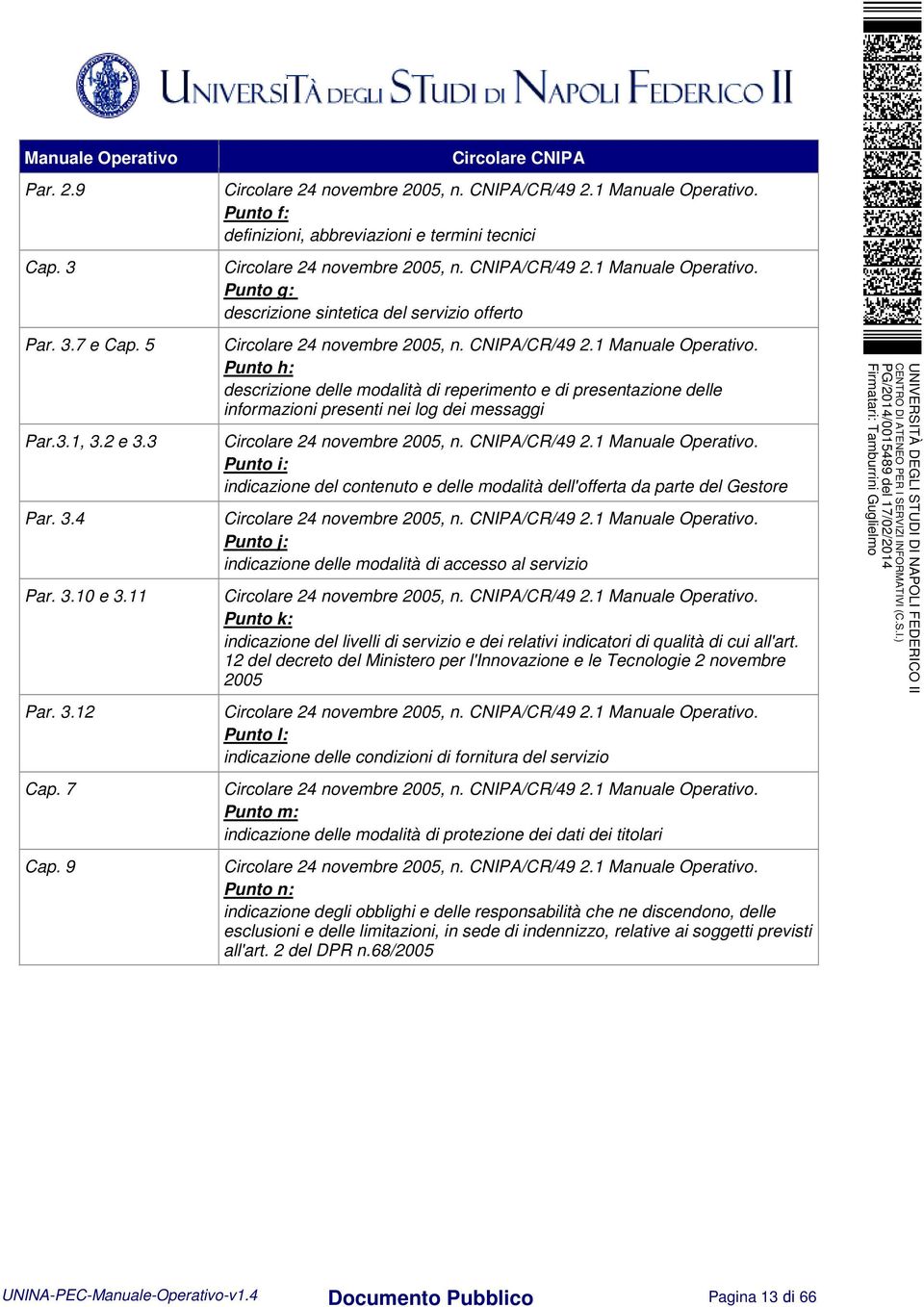 CNIPA/CR/49 2.1 Manuale Operativo. Punto h: descrizione delle modalità di reperimento e di presentazione delle informazioni presenti nei log dei messaggi Circolare 24 novembre 2005, n. CNIPA/CR/49 2.