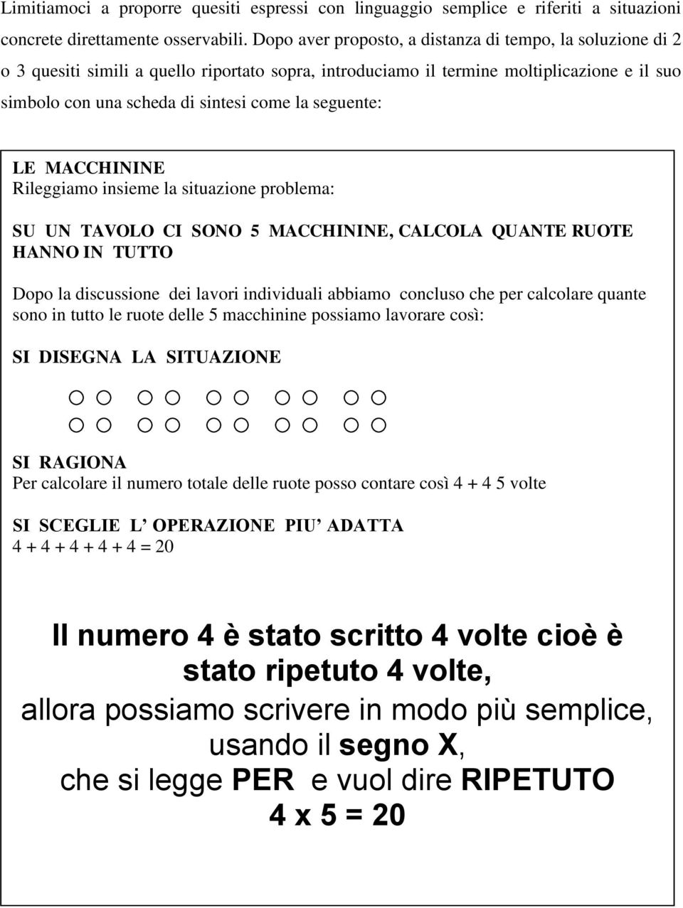 seguente: LE MACCHININE Rileggiamo insieme la situazione problema: SU UN TAVOLO CI SONO 5 MACCHININE, CALCOLA QUANTE RUOTE HANNO IN TUTTO Dopo la discussione dei lavori individuali abbiamo concluso