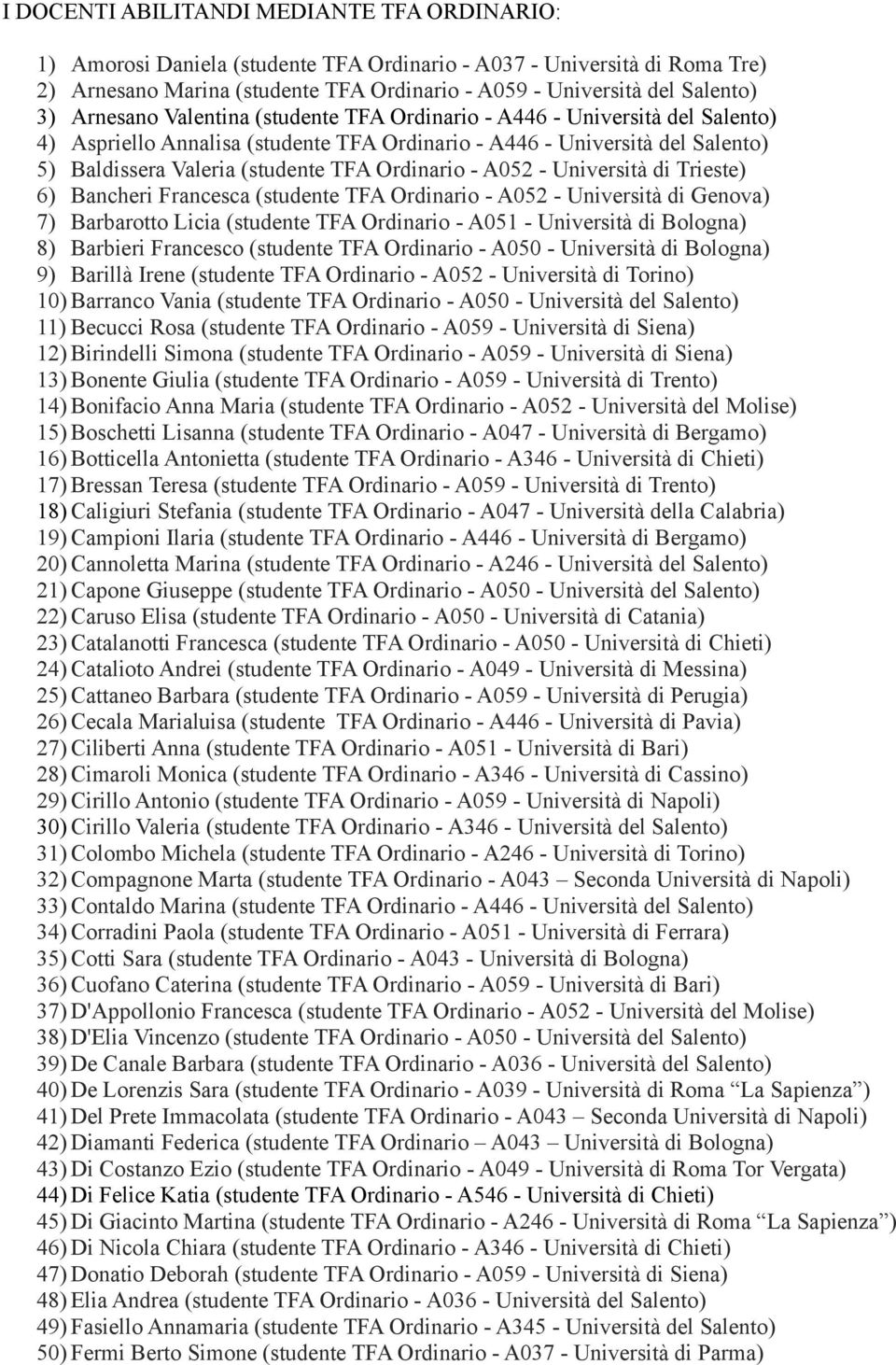 Ordinario - A052 - Università di Trieste) 6) Bancheri Francesca (studente TFA Ordinario - A052 - Università di Genova) 7) Barbarotto Licia (studente TFA Ordinario - A051 - Università di Bologna) 8)