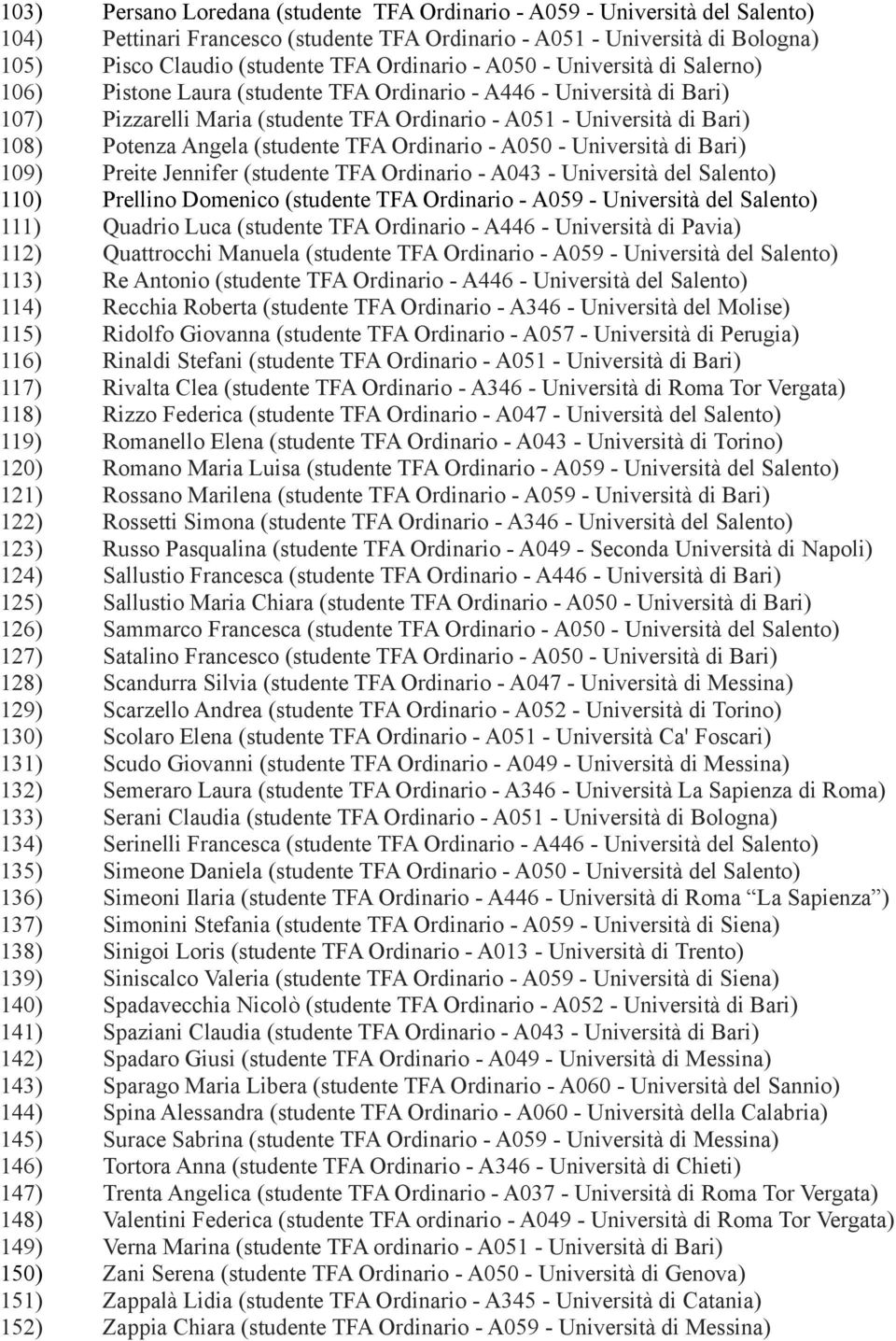 Potenza Angela (studente TFA Ordinario - A050 - Università di Bari) 109) Preite Jennifer (studente TFA Ordinario - A043 - Università del Salento) 110) Prellino Domenico (studente TFA Ordinario - A059