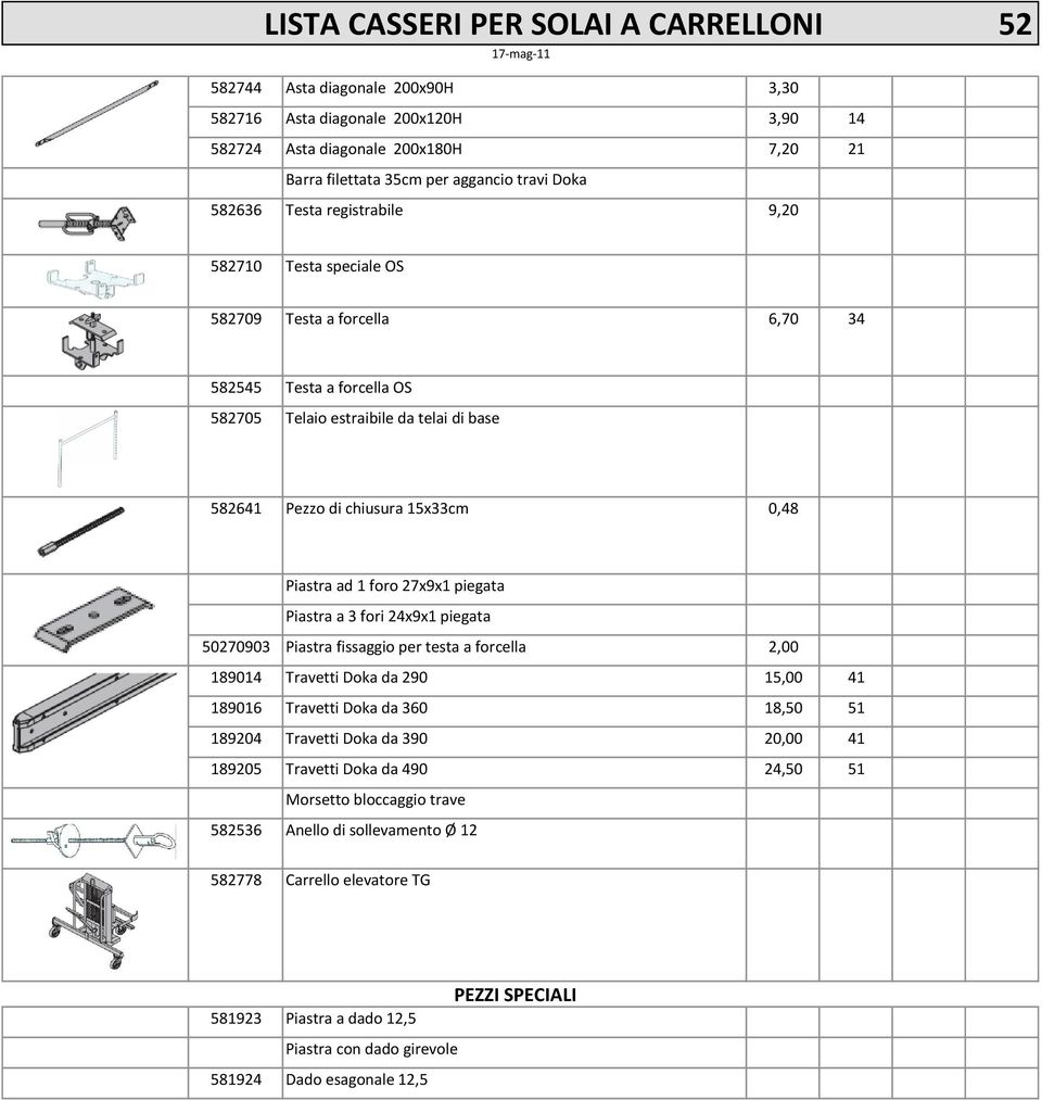 15x33cm 0,48 Piastra ad 1 foro 27x9x1 piegata Piastra a 3 fori 24x9x1 piegata 50270903 Piastra fissaggio per testa a forcella 2,00 189014 Travetti Doka da 290 15,00 41 189016 Travetti Doka da 360