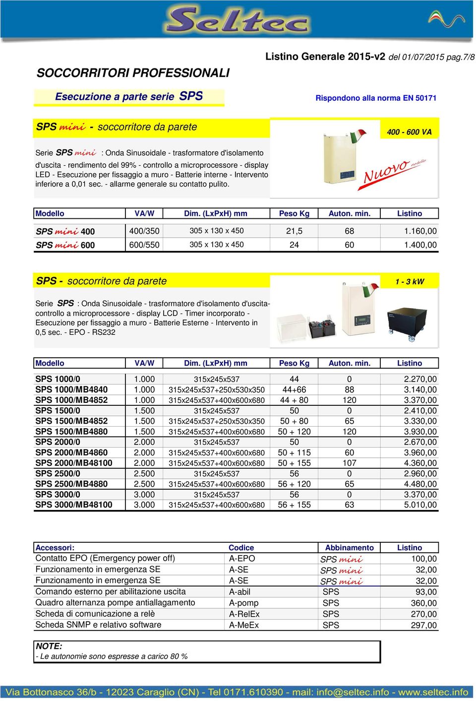 microprocessore - display LED - Esecuzione per fissaggio a muro - Batterie interne - Intervento inferiore a 0,01 sec. - allarme generale su contatto pulito. VA/W Dim. (LxPxH) mm Peso Kg Auton. min.