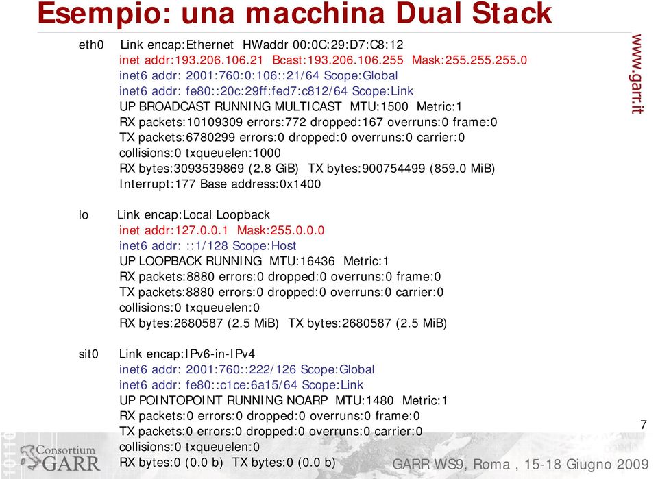 255.255.0 inet6 addr: 2001:760:0:106::21/64 Scope:Global inet6 addr: fe80::20c:29ff:fed7:c812/64 Scope:Link UP BROADCAST RUNNING MULTICAST MTU:1500 Metric:1 RX packets:10109309 errors:772 dropped:167