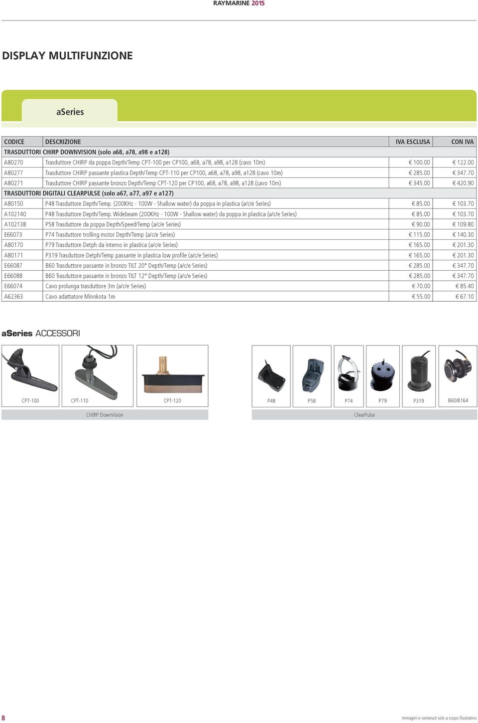 70 A80271 Trasduttore CHIRP passante bronzo Depth/Temp CPT-120 per CP100, a68, a78, a98, a128 (cavo 10m) 345.00 420.