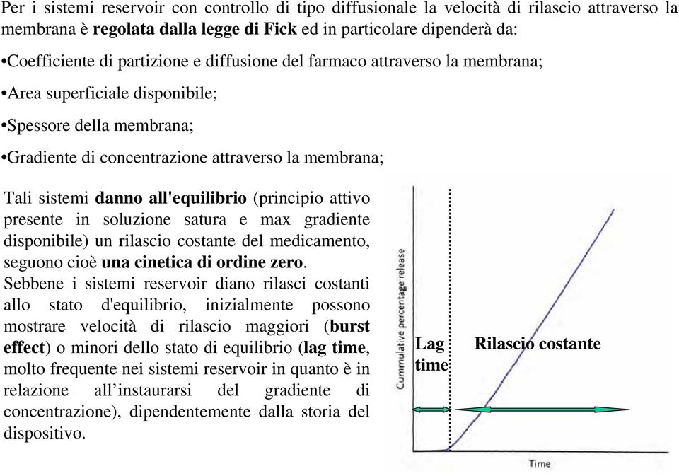 attivo presente in soluzione satura e max gradiente disponibile) un rilascio costante del medicamento, seguono cioè una cinetica di ordine zero.