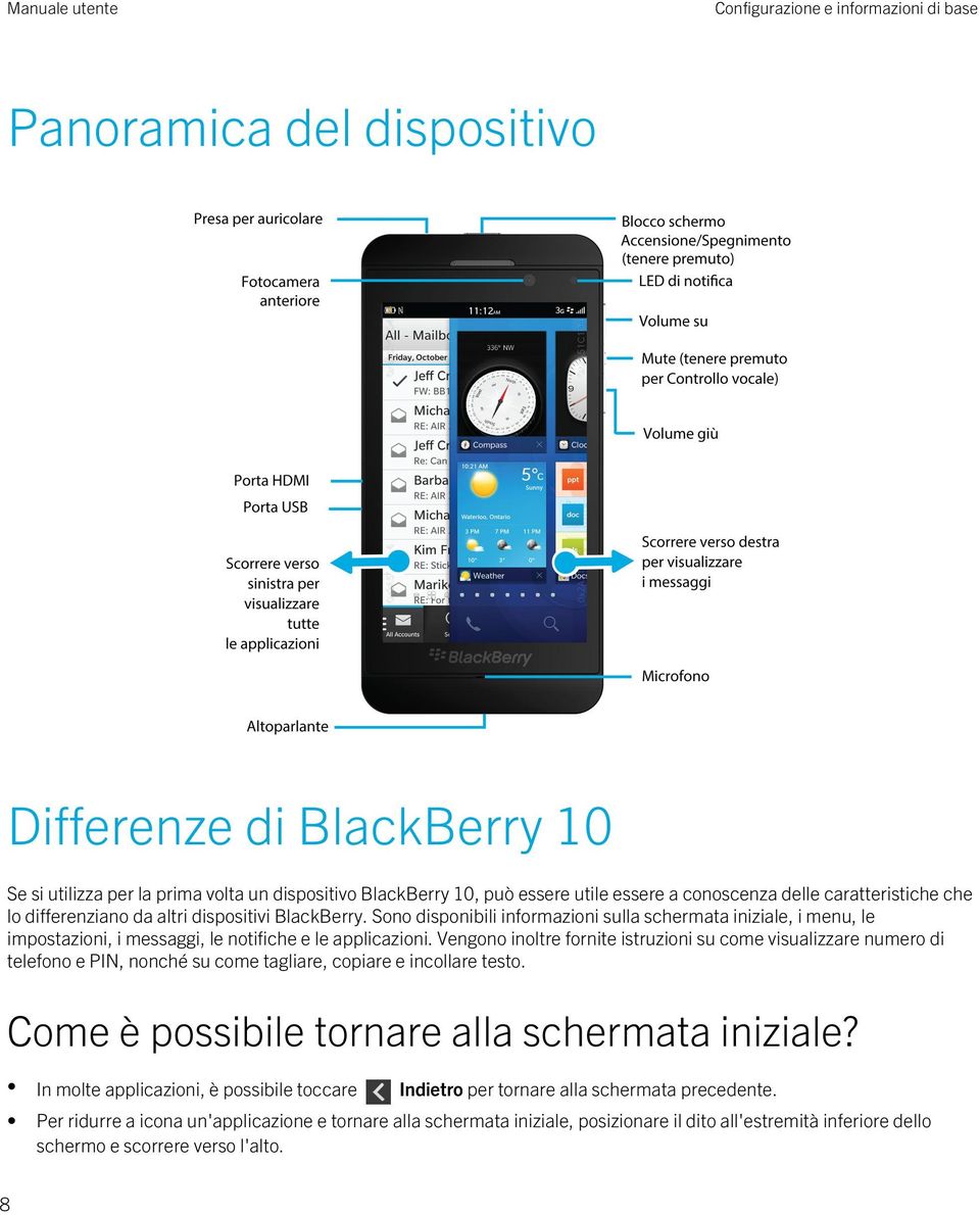 Vengono inoltre fornite istruzioni su come visualizzare numero di telefono e PIN, nonché su come tagliare, copiare e incollare testo. Come è possibile tornare alla schermata iniziale?