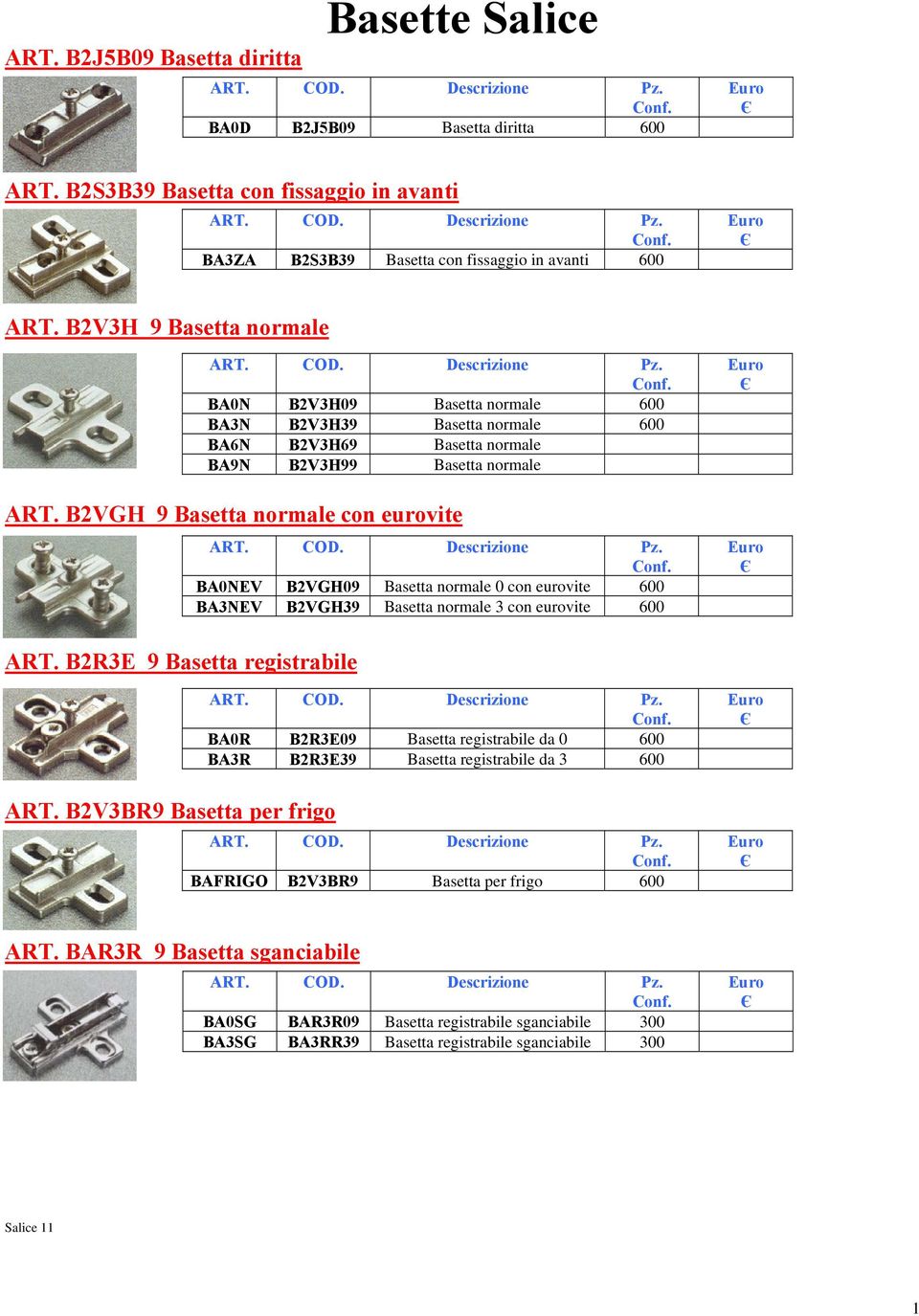 B2VGH Basetta normale con eurovite BA0NEV B2VGH0 Basetta normale 0 con eurovite 600 BA3NEV B2VGH3 Basetta normale 3 con eurovite 600 ART. B2R3E Basetta registrabile ART.